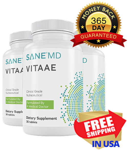 2 Bottles of Vitaae, with promotional text: Free shipping In USA, 1 YEAR Money Back Guarantee