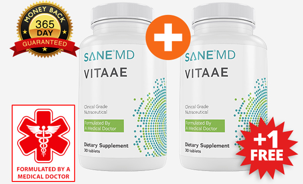 1 Bottle of Vitaae, and 1 bottles free, with promotional text that says: Lab tested For purity and potency, and 1 YEAR Guarantee