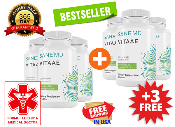 3 Bottles of Vitaae, and 3 bottles free, with promotional text that says: Bestseller, Lab tested For purity and potency, and free shipping in USA