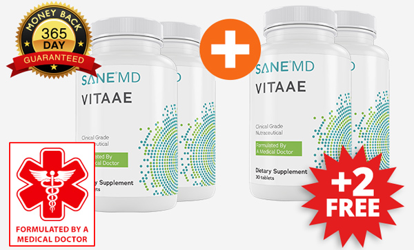 2 Bottles of Vitaae, and 2 bottles free, with promotional text that says: Lab tested For purity and potency, and 1 YEAR Guarantee