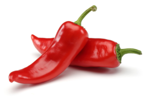 An image of two red chili peppers on a white background