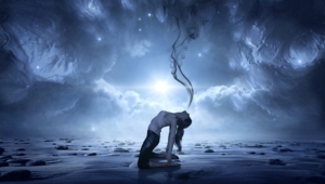 A graphical image of a woman kneeling on the ground with visible streams of breath curling toward the sky