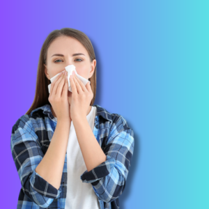 An image of a woman with a viral respiratory infection blowing her nose
