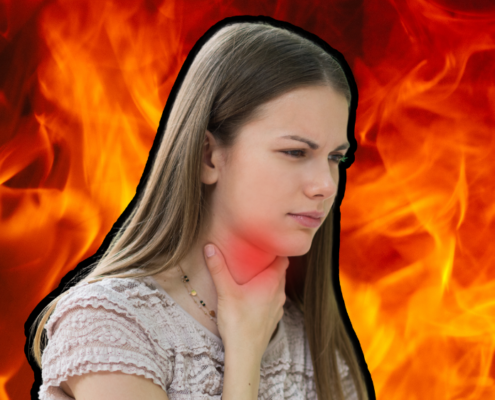 An image of a woman touching her reddened neck with flames in the background, signifying throat pain.
