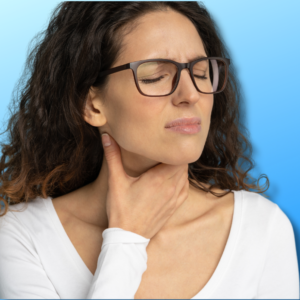 An image of a woman holding her sore throat